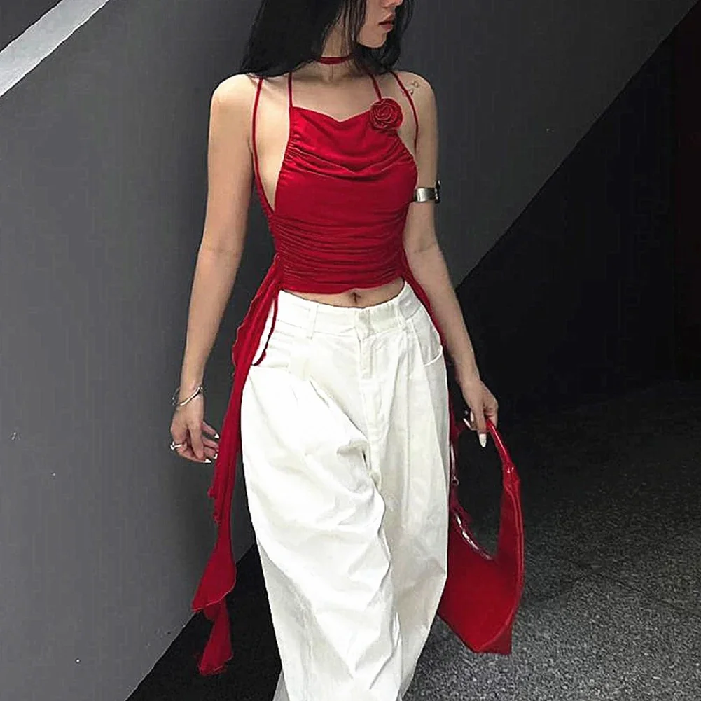 Shirt For Vacation Casual Summer Top 3D Flower Shirt Casual Summer Outfit Pleated Design Sleeveless 3D Flowers
