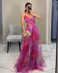 2026 Women Open Back High Split Party Dress Lady Pleat Big Hem Halter A-line Dresses Elegant Pattern Print V-neck Female Dress