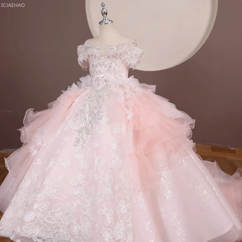 Pink Girls Princess Party Dress with Long Train for Children Birthday Piano Performance Fashion Show Pageant Formal Gown Clothes