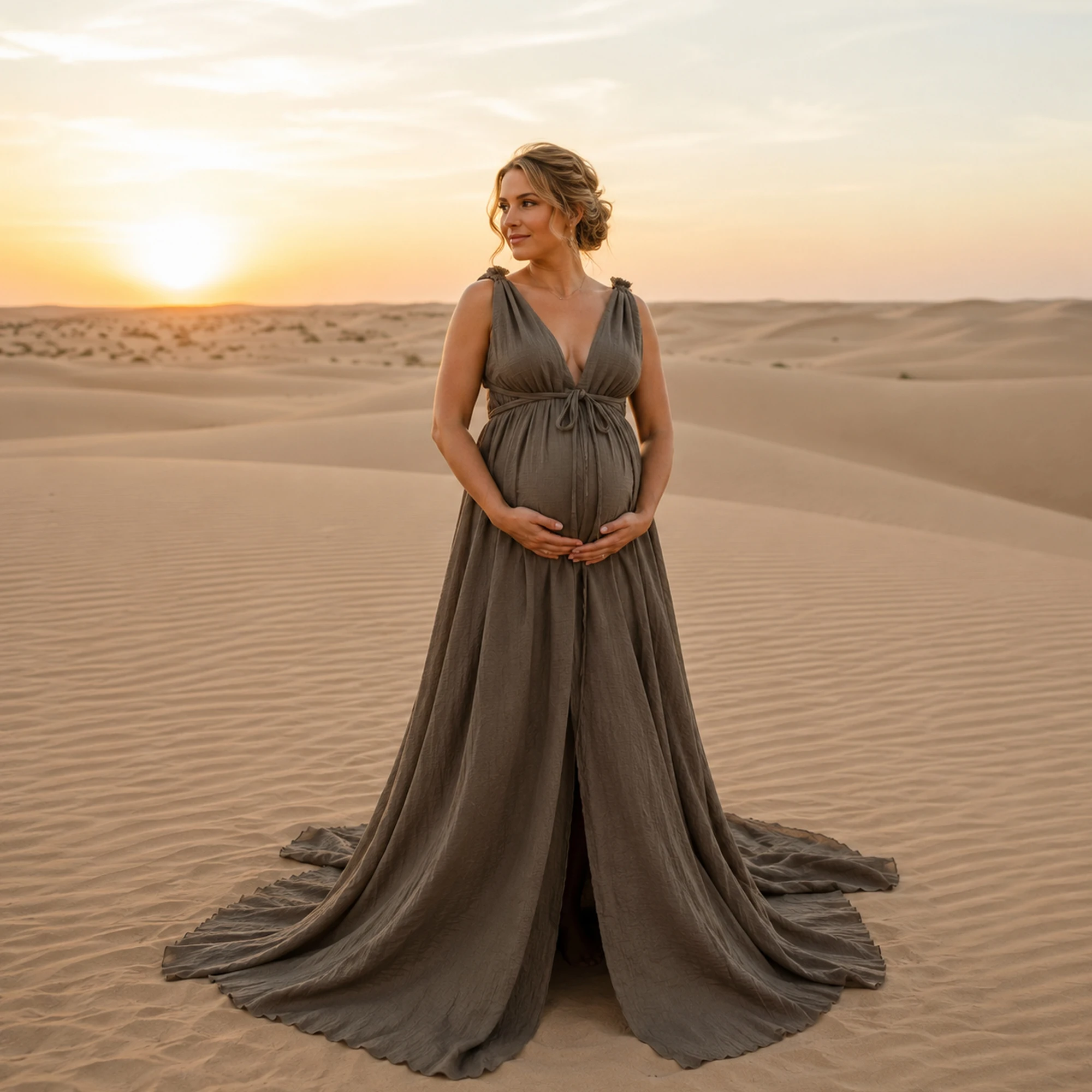 Don&Judy Deep V-Neck Tie Waist Chiffon Gown with Flowy Train Adjustable Shoulder Straps Boho Chic Long Dress for Photography