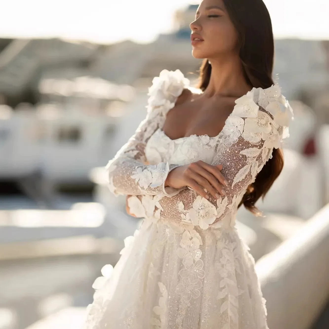 Maßgeschneidertes Brautkleid mit Pailletten und Perlen, Langen Ärmeln, Sweetheart-Ausschnitt, 3D-Blumenapplikationen, Prinzessinnen-Hochzeitskleid, Vestido De Noiva – Detail 4