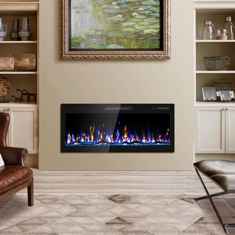 Wide Screen Electric Fireplace with Ultra Narrow Bezel, HD Flame Effect, Modern Wall Mounted Fuel Bed Logs for Contemporary Home