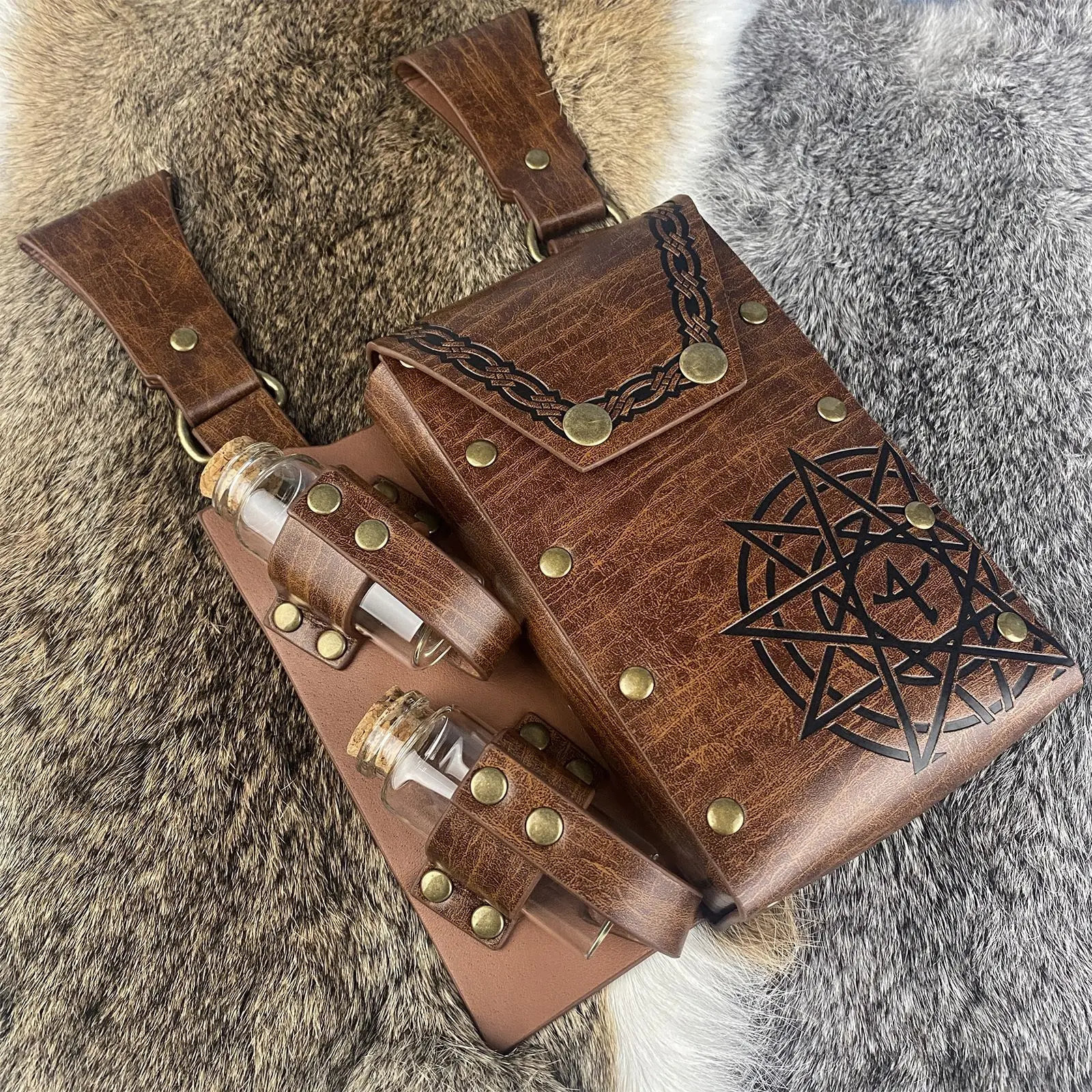 Bolsa de cintura de botella de Alchemy de fantasía Medieval, bolsa de cuero PU con cinturón de poción de corcho, accesorios de Cosplay de mago vikingo Medieval