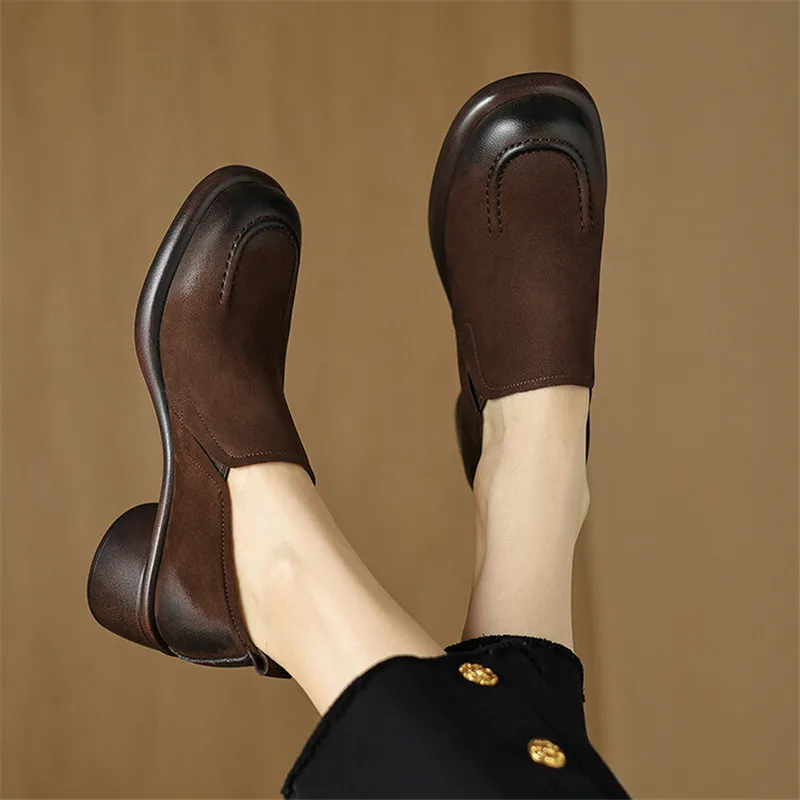 New Autumn Genuine Leather Women Shoes Fashion Round Toe Shoes for Women Chunky Heel Loafers Zapatos Mujer Women Pumps Brown