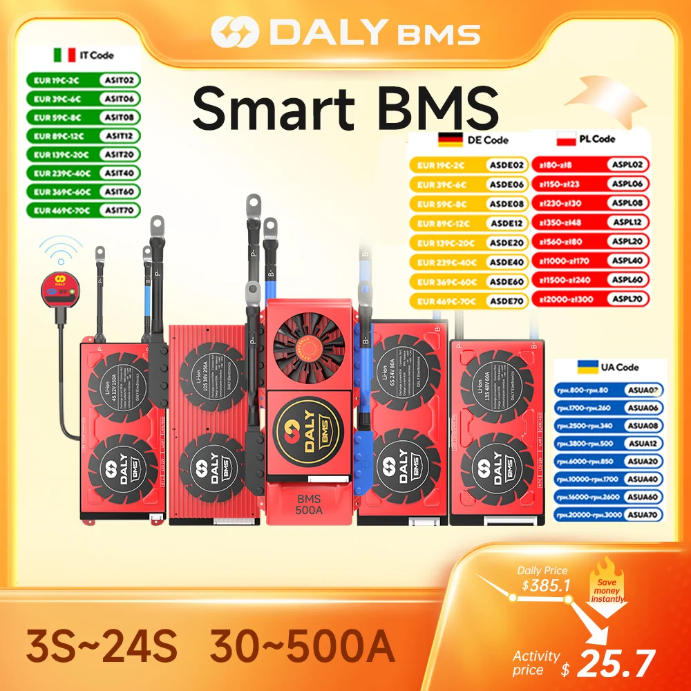 Daly Smart BMS Li-ion 7S LiFePo4 4S APP BMS 8S 24V Lifepo4 BMS 16S 48V parallèle Bluetooth onduleur d'énergie solaire batterie externe