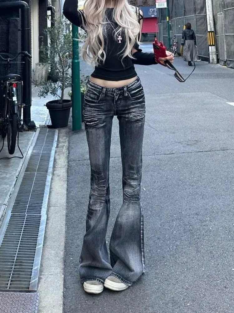 

Осень-зима женские темные академические расклешенные узкие джинсовые брюки с низкой талией Y2k Harajuku длинные брюки-клеш джинсы гоблин