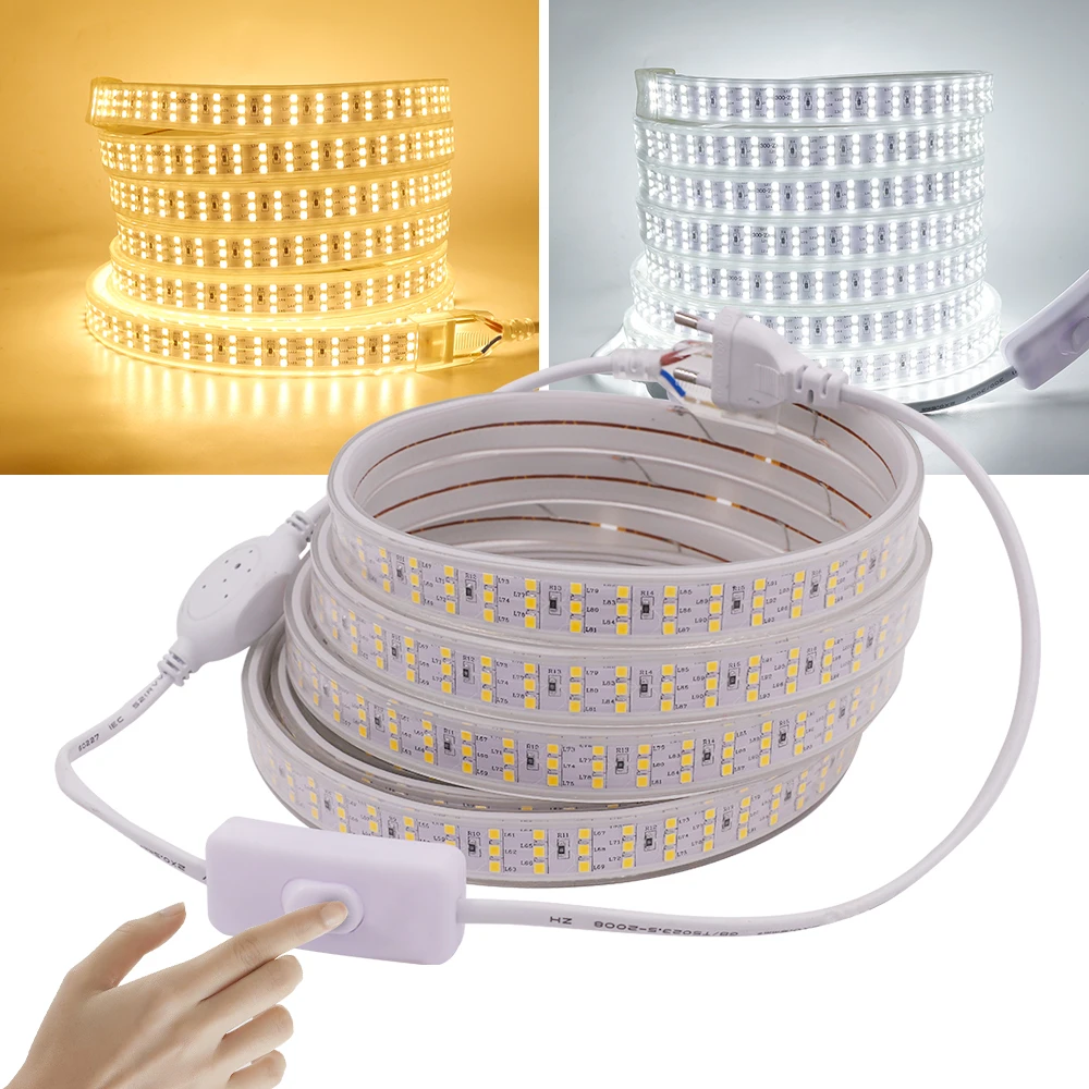 220V LED Light Strip With ON/OFF Switch 10M 276LEDs/m Waterproof Flexible Ribbon Rope Three Row High Brightness Tape Diode Lamp