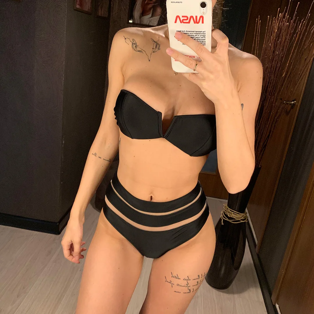 Sexy High-Waist-Bikini-Bandeau-Badeanzug für Damen, 2020, zweiteiliger Bikini-Set mit BH-Cup, Badebekleidung, Badeanzug V1297 – Detail 5