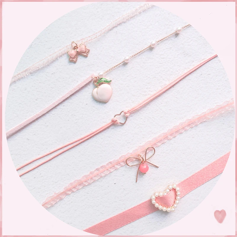 Fashion Choker Necklace For Women Lovely Pink Lace Pearl Heart Pendant Short Clavicle Necklace Aesthetic Jewelry Gift For Her