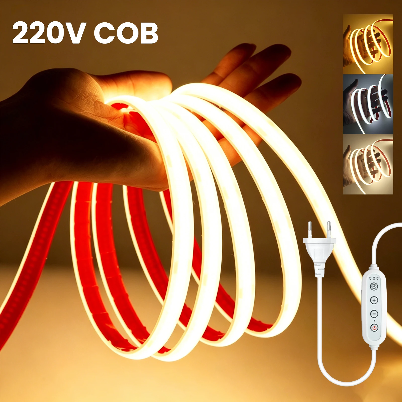 Dimmbares 220V COB LED Neon-Lichtband mit 4-Tasten-Timer-Dimmer, 288 LEDs/M, 3000K 4000K 6000K, Wasserdichtes Flexband für Raum- und Gartenbeleuchtung