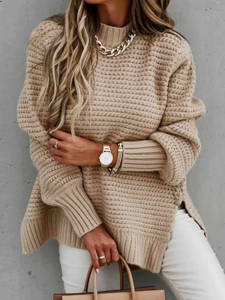 Suéter de Punto Casual Holgado para Mujer, Otoño Invierno, Color Sólido, Cuello Semi-alto, Manga Larga, Estilo Pullover