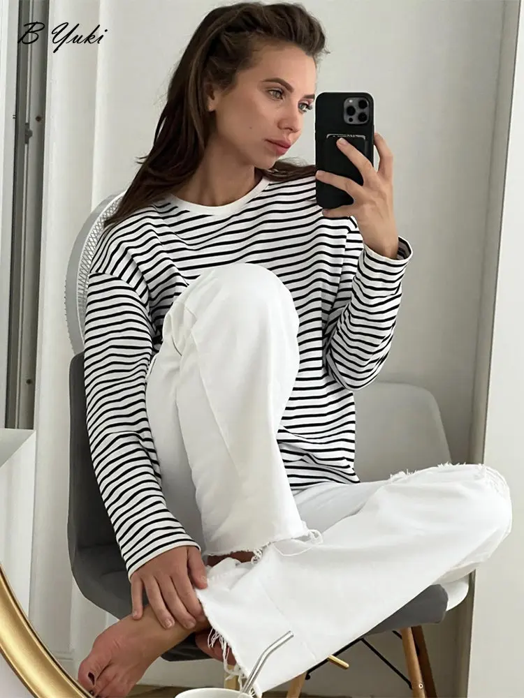 Blessyuki Causal Vintage Striped Long Sleeve T-shirts Women Spring Summer O-neck 100% Cotton Basic Tee Female Loose Harajuku Top