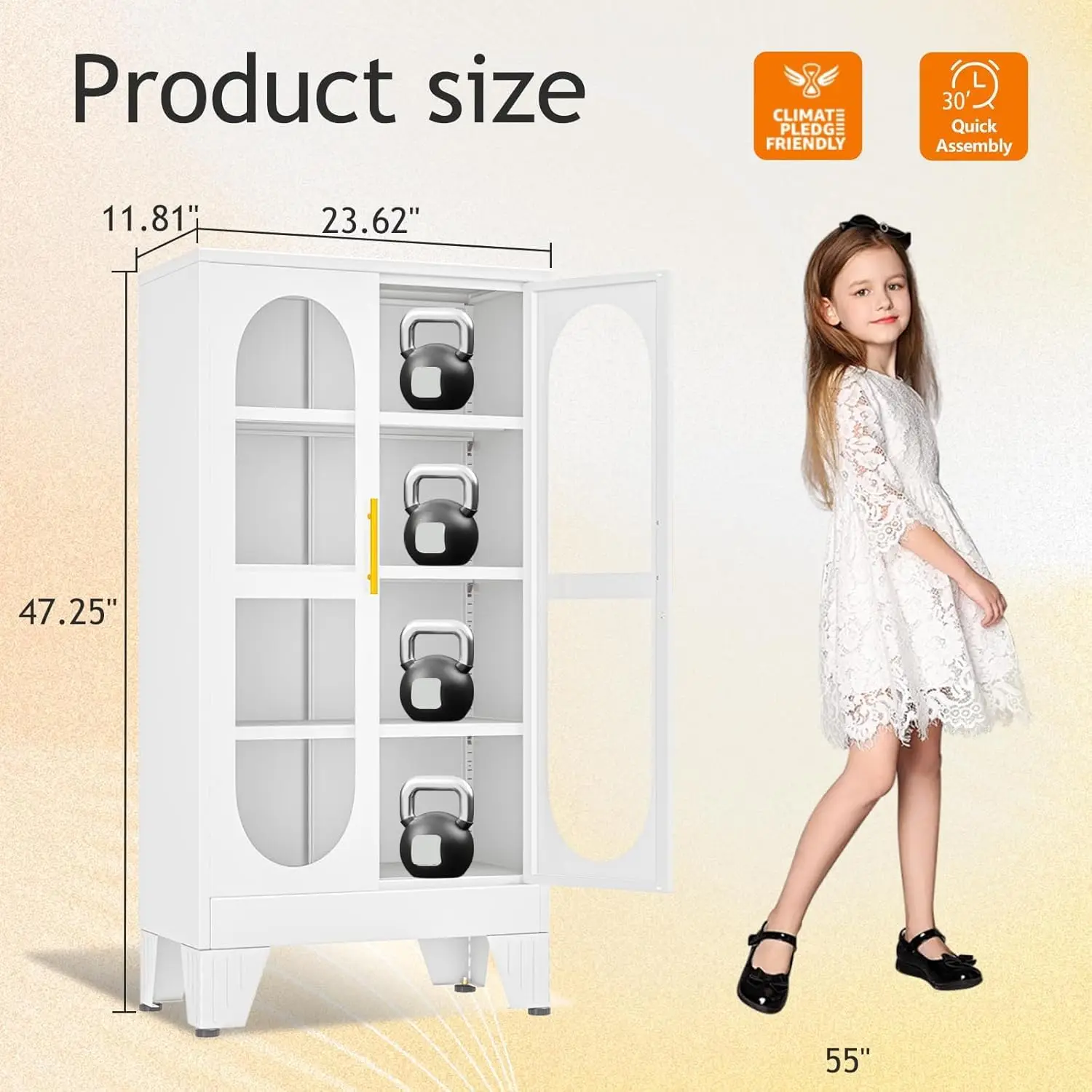 47" Tall Metal Curio Cabinet with Glass Door, 4-Tier Adjustable Shelves, Locking Display Case for Collectibles, White view 2