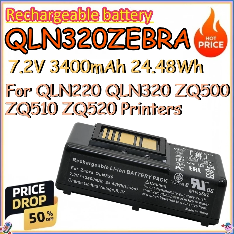 

QLN320ZEBRA 7.2V 3400mAh 24.48Wh Rechargeable Battery for QLN220 QLN320 ZQ500 ZQ510 ZQ520 Printers Lithium-ion Battery