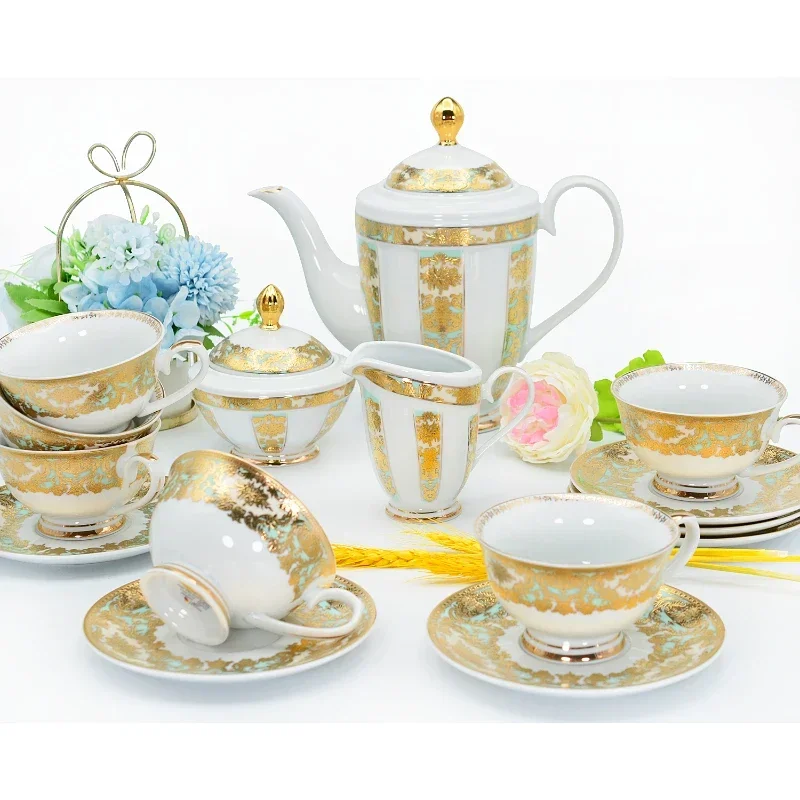 24K Gold wedding party use tea gift set high embossed gold table set for tea time porcelain tea set