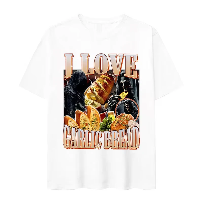 Funny Meme I Love Garlic Bread Skeleton Graphic Printed T Shirt Men Women Casual Short Sleeve T-shirts Summer Roundneck Clothing
