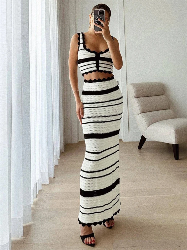 

Fashion Summer Knitted Striped 2 Pieces Suits Holiday Outfits Beach Long Skirt Sets Women Sexy Tank Top Lady Knitwear Vest Sets