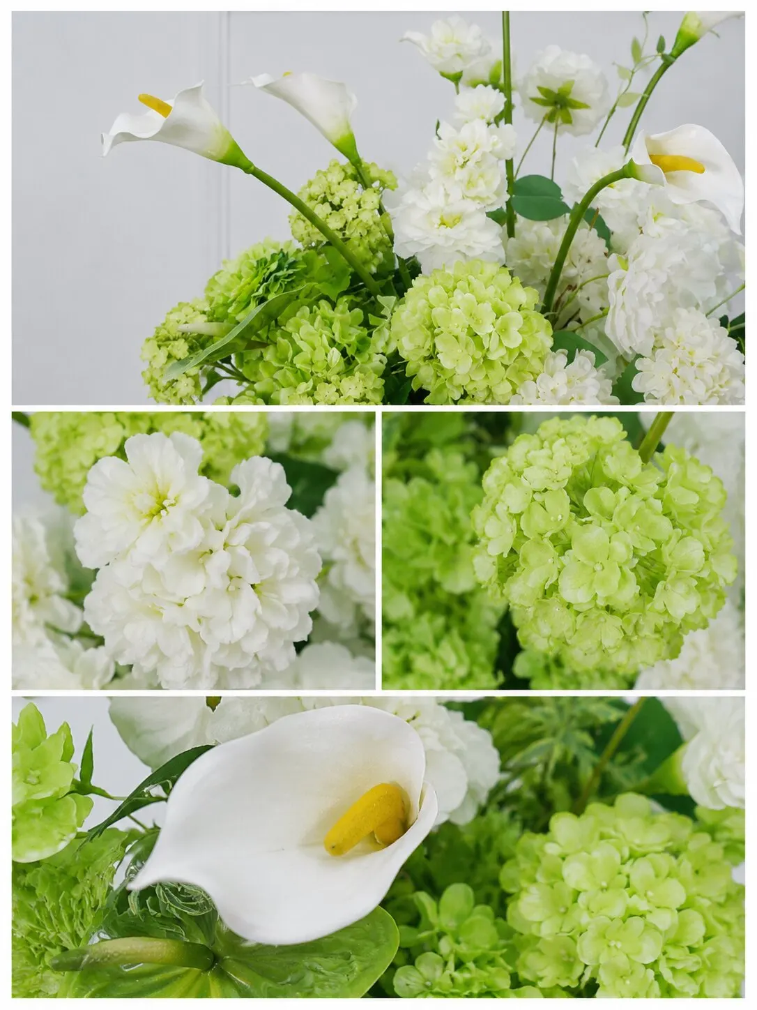 5D Künstliche grün-weiße Hortensien-Kallablumen-Arrangement Hochzeitstisch-Mittelstück Blumenball-Dekoration Gangführung-Requisiten – Detail 3