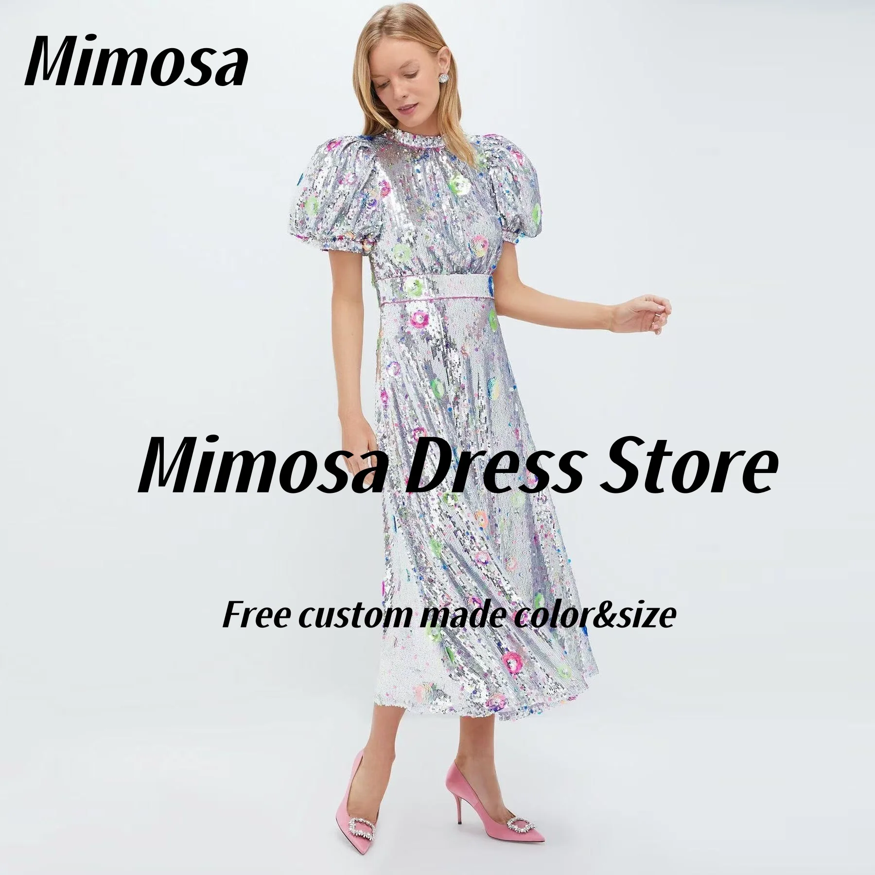 

Mimosa сверкающие блестки платья для выпускного вечера красочные цветы чайная длина вечернее платье пышные рукава Vestidos De Noche по индивидуальному заказу