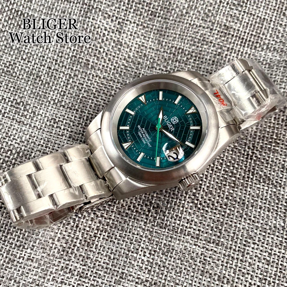 BLIGER 36mm/39mm NH35A Automatic Men's Watch Blue Webbed Dial Green Luminous Brushed Bezel Steel Bracelet Date