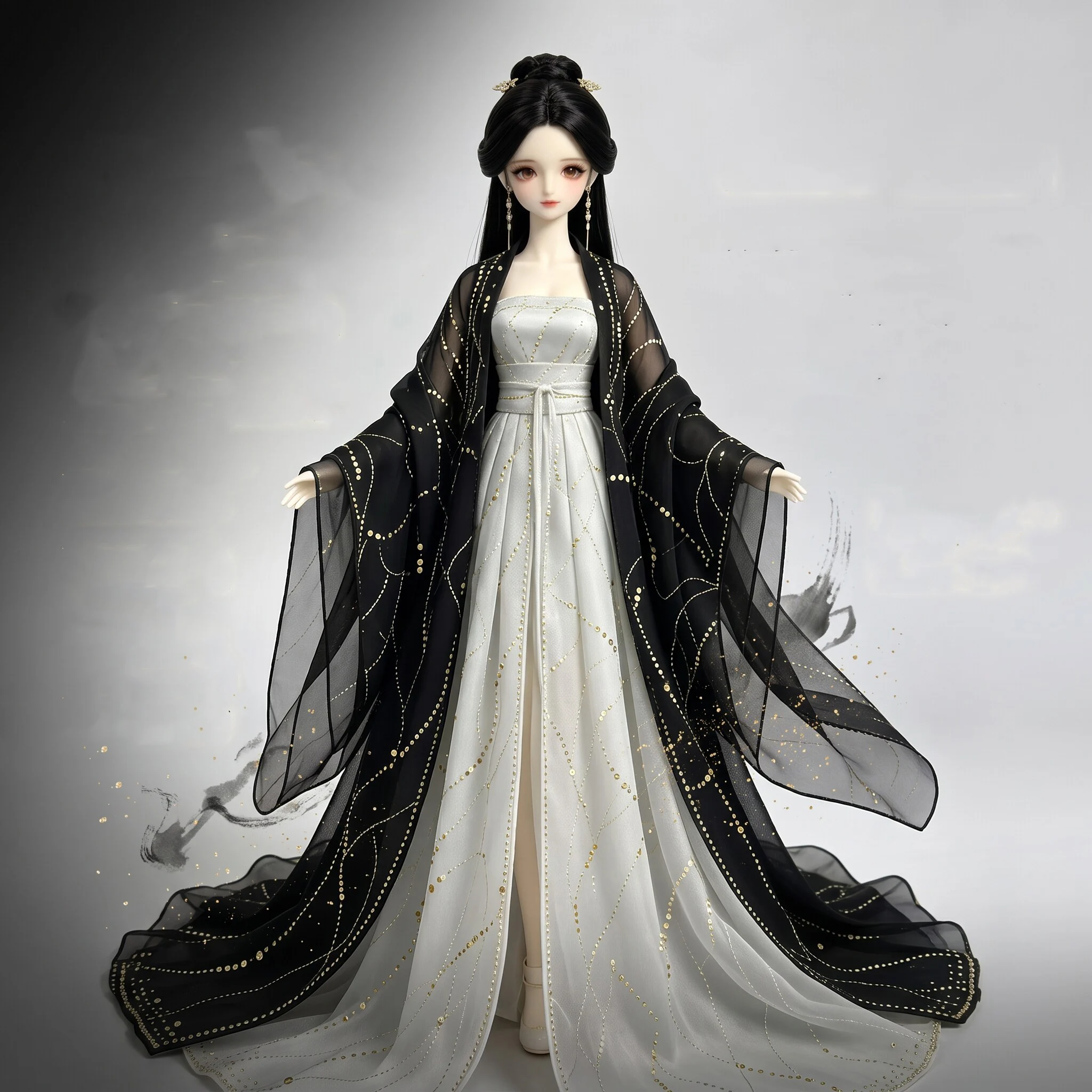 1/4 1/3 BJD Ancient Costume Hunfu Black Satin Sequin Fairy Dress Doll Clothes For MSD SD13 70CM Big Girl Accessories A2240