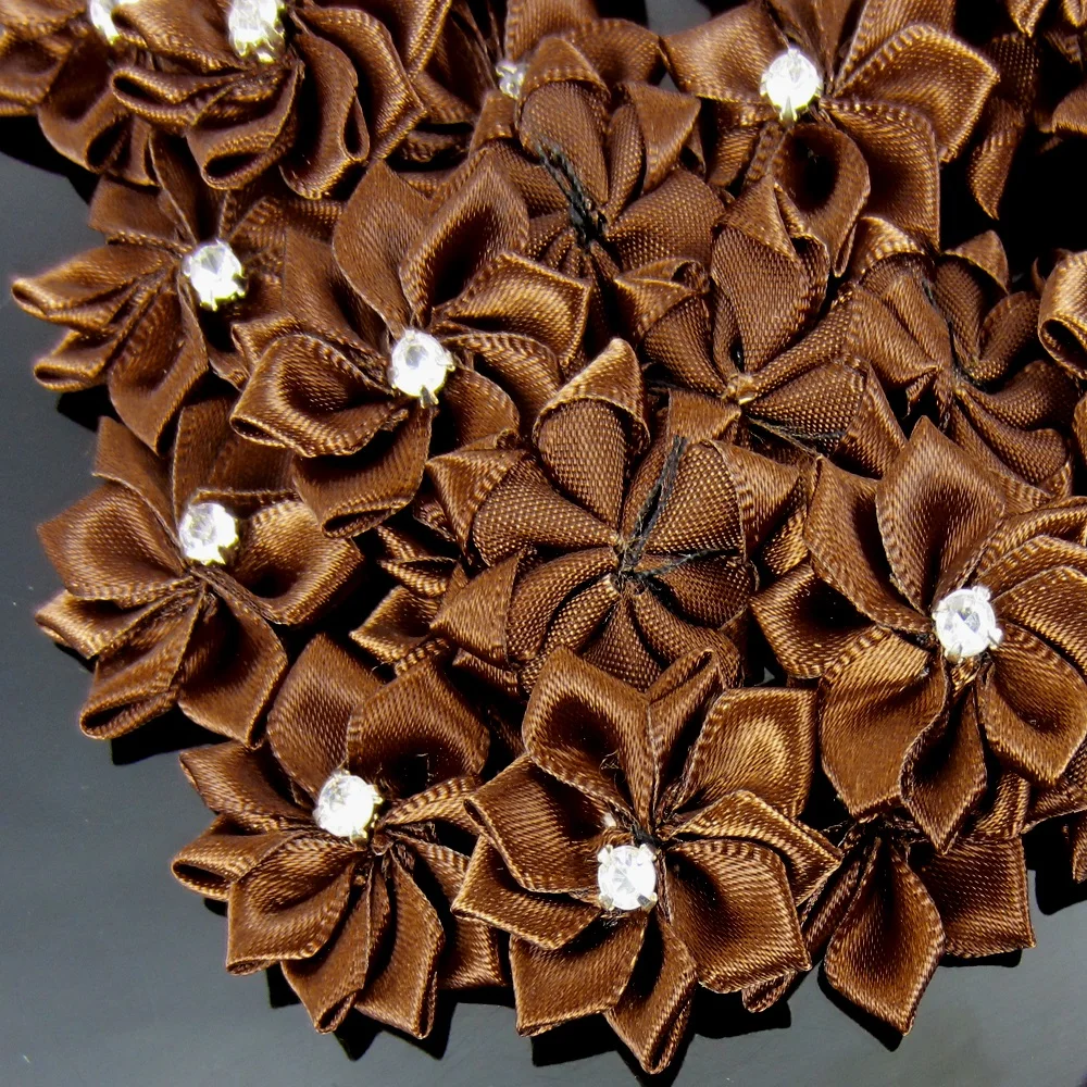 40Pcs Dark Blue Handmade Small Fabric Satin Flowers with Rhinestone Appliques Sewing Wedding Garment Accessories Flowers 2.8cm