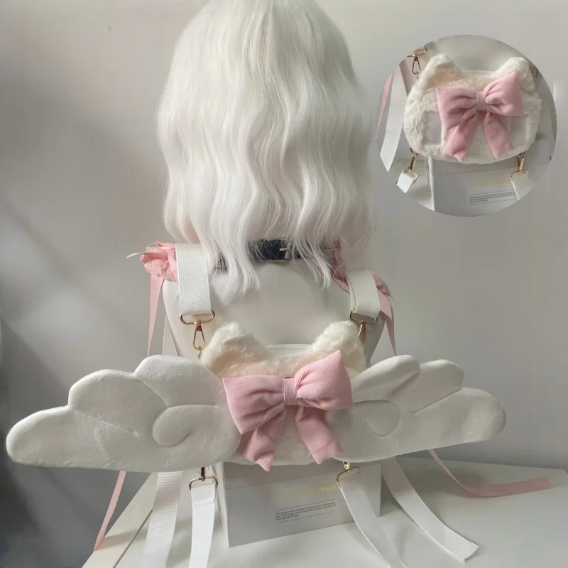 Japanese Angel Wings Plush Backpack Y2k Girls Kawaii Cute Bag Lolita JK Uniform Cosplay Bag Gift White Harajuku School Handbag