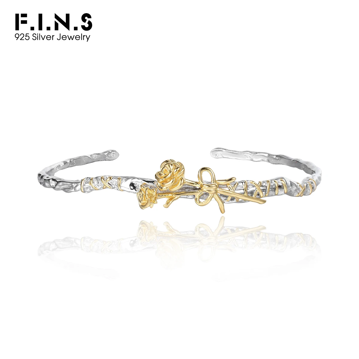 

F.I.N.S Color Separation Rose Tie S925 Sterling Silver Bracelet Women Irregular Gold Flower Open Bangle Cuff Hand Fine Jewelry