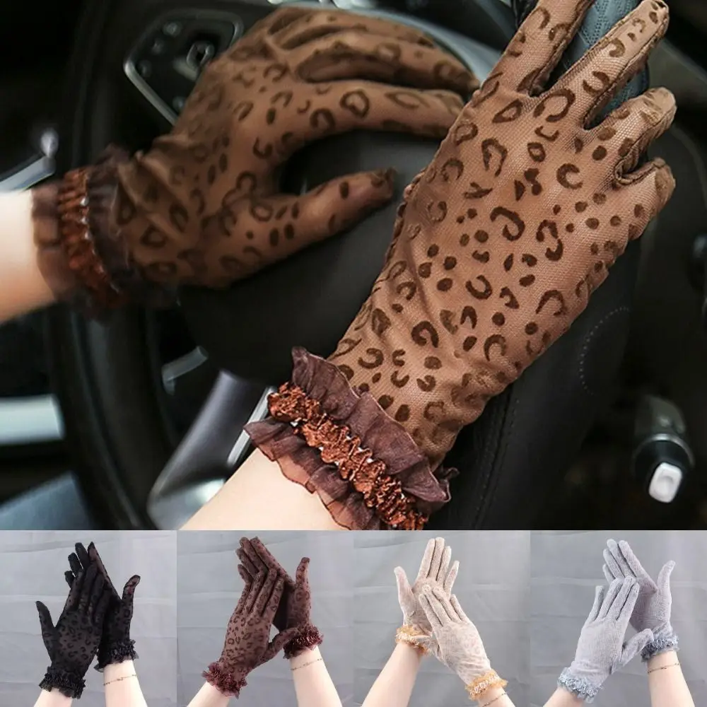 Leopard Print Women's Summer Gloves Breathable Thin Lace Gloves Sun Protection 5 Fingers Party Gloves Spring Summer Outdoor