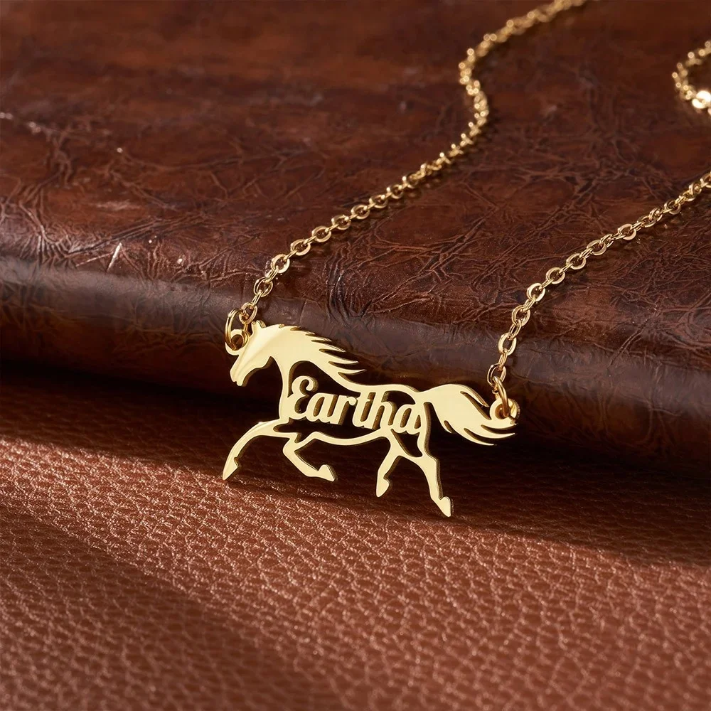 

Custom Name Horse Necklace Women Western Jewelry Stainless Steel Personalized Cowboy Nameplate Pendant Horse Racing Necklace