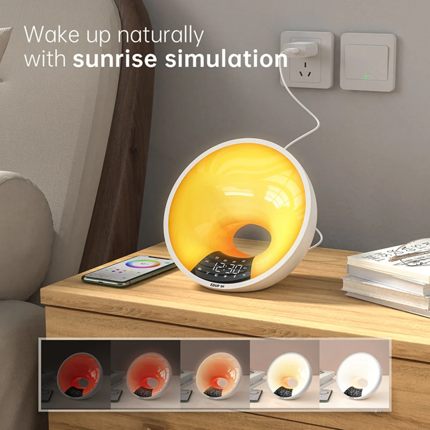 sign, easy-to-read display, and multiple alarm settings, it ensures you never oversleep again. Say goodbye to messy cords and he