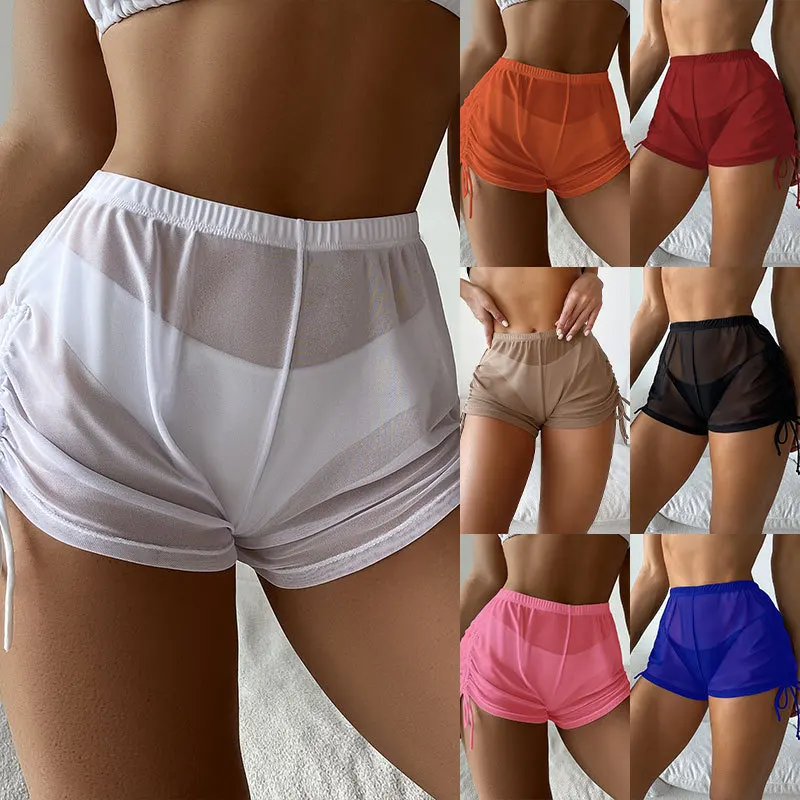 bikinis set Solid color mesh high-waist swimming trunks for women's European and American drawstrings bikini swimsuit s