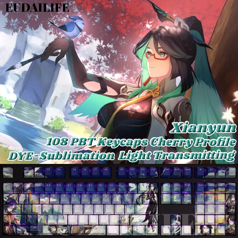 Xianyun PBT 108 Key Caps Genshin Impact Key Cover DYE Sublimation Cherry Cross Axis Switch Keycap for Mechanical Keyboard Gift