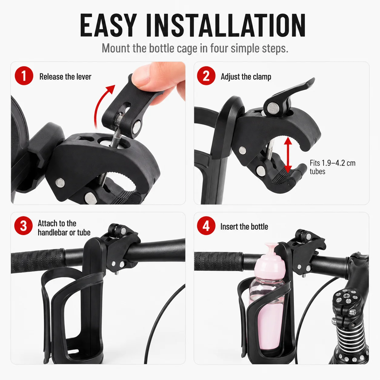 PINMOAP 1/2P Schnellspann-Fahrradflaschenhalter Ohne Bohren Fahrrad-Wasserflaschenhalterung Sichere Klemmbefestigung für Mountainbike und Rennrad – Detail 6