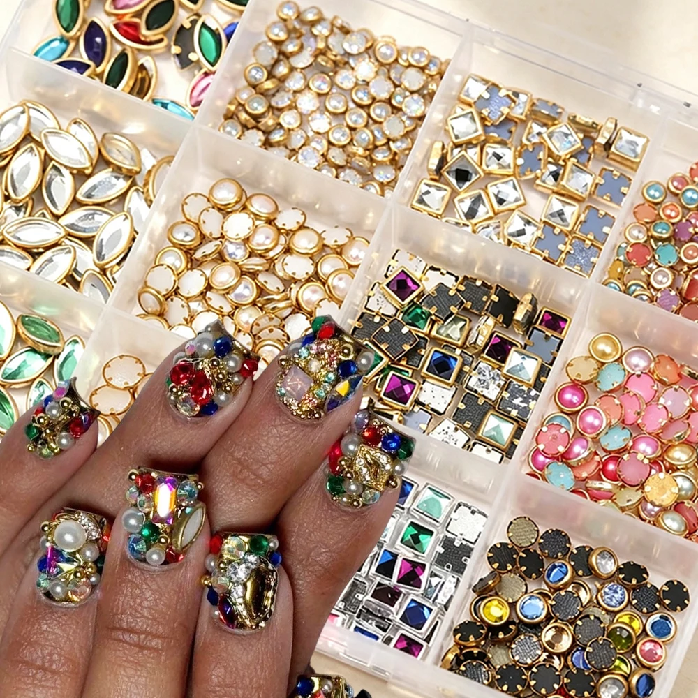 12 Grids Luxury Vintage 3D Rhinestone Nail Charms Mixed Colorful Square Round Frame Crystal Pearl Gems Y2K Jewelry Nail Supplies
