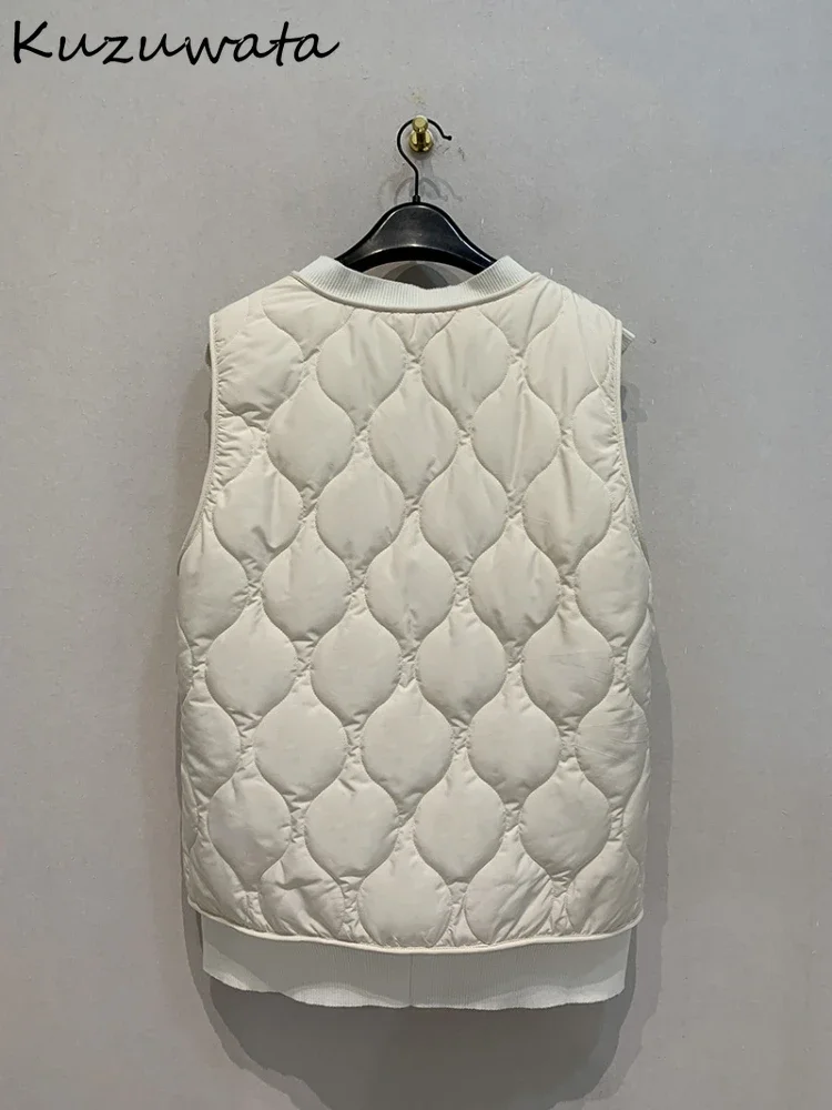 Kuzuwata V Neck Sleeveless Solid Diamond Check Vest Elegant Loose Casual Temperament Jacket Japan New Moda Soft Sweet Coat