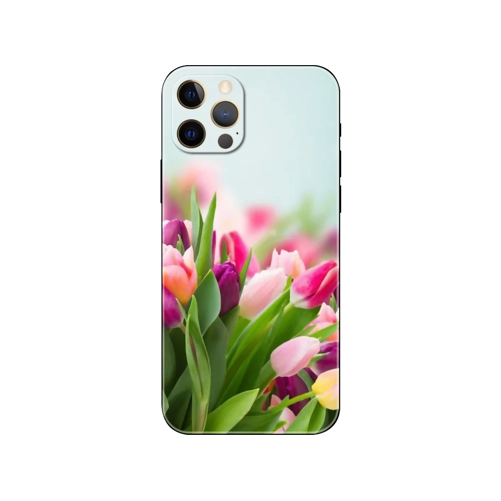 Spring Tulips Flower ，phone case for iphone，14 2020se 6 6s 7 8 plus x 10 XR XS 11 12 13 mini pro MAX soft black tpu back cover