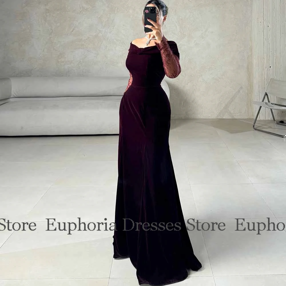 Vestidos modernos para ocasiones especiales, vestido de noche acampanado de terciopelo, vestidos de fiesta plisados de encaje con hombros descubiertos y burdeos para mujer largos
