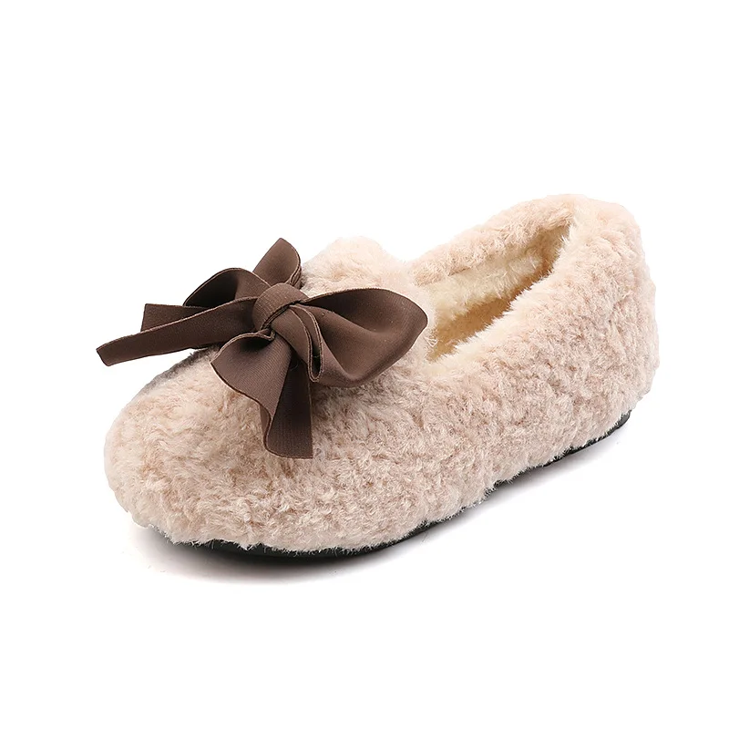 Girls Winter Shoes Cotton-padded Warm Cotton Fur Fluffy Children Flats Kids Loafers Slip-on Princess Sweet Anti-slippery Bowtie