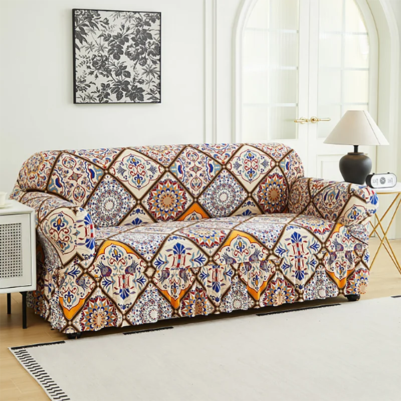 Printed Sofa Cover with Skirt, Full Cover, Elastic Sofa Cover, Decorate the Sofa in the Living Room, Multiple Colors