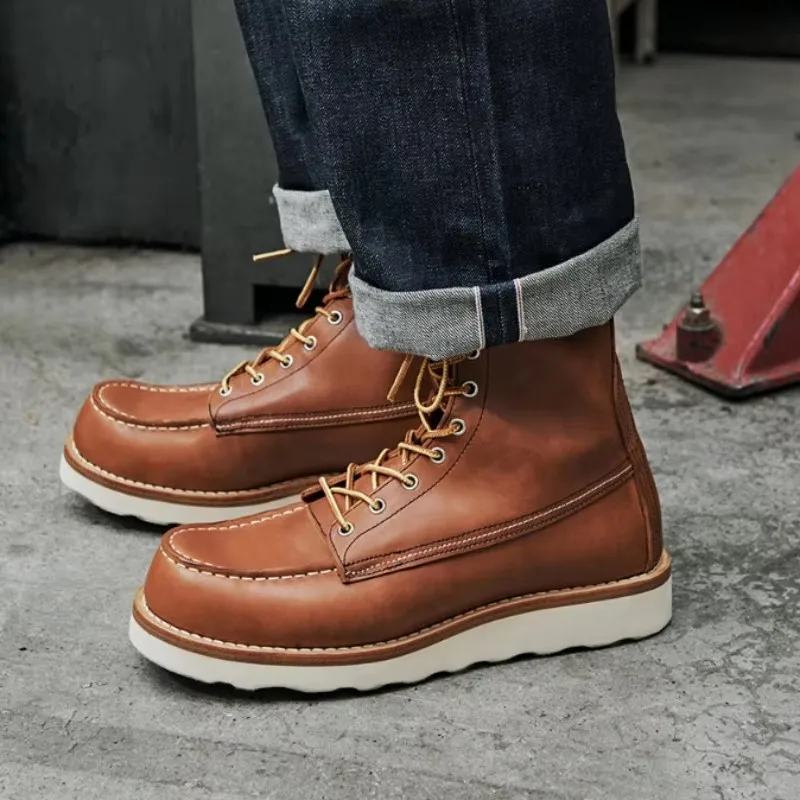 Feito à mão sapatos de alta qualidade dos homens do vintage dedo do pé redondo couro genuíno casual meados de bezerro botas primavera outono plataforma grossa botas de couro