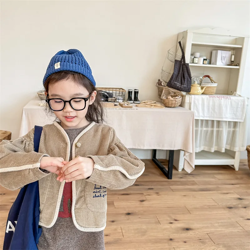 2024 New Girls Spring Autumn One Piece Top Coat Corduroy Bubble Sleeves Loose All-match Fashion Soft Outdoor