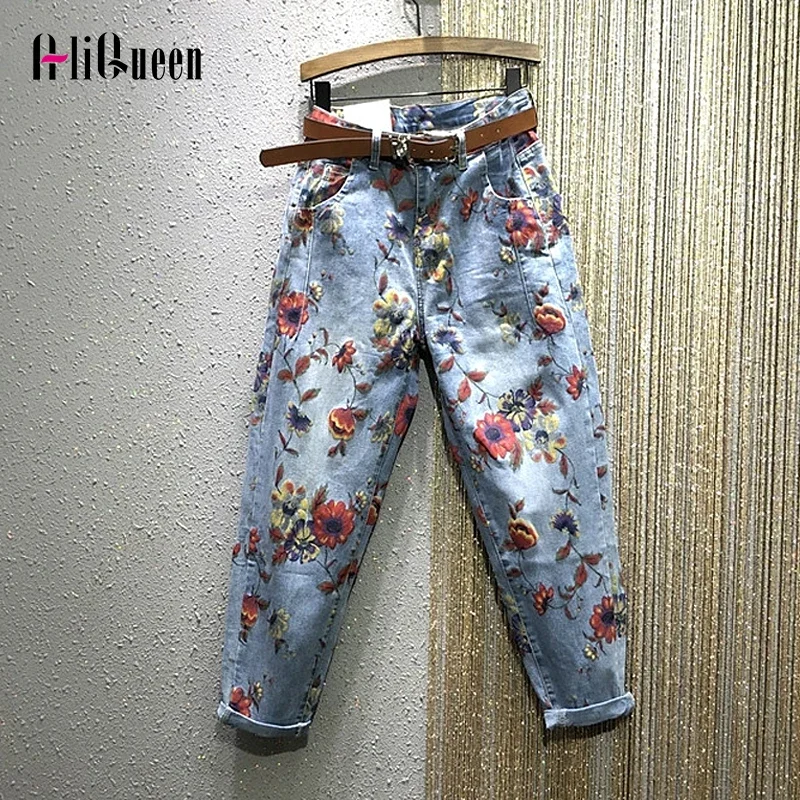 

Women Flower Print Jeans Loose Pants Femme Vintage Denim Harem Pants Ankle-length Jean Trousers Camo Pants Streetwear