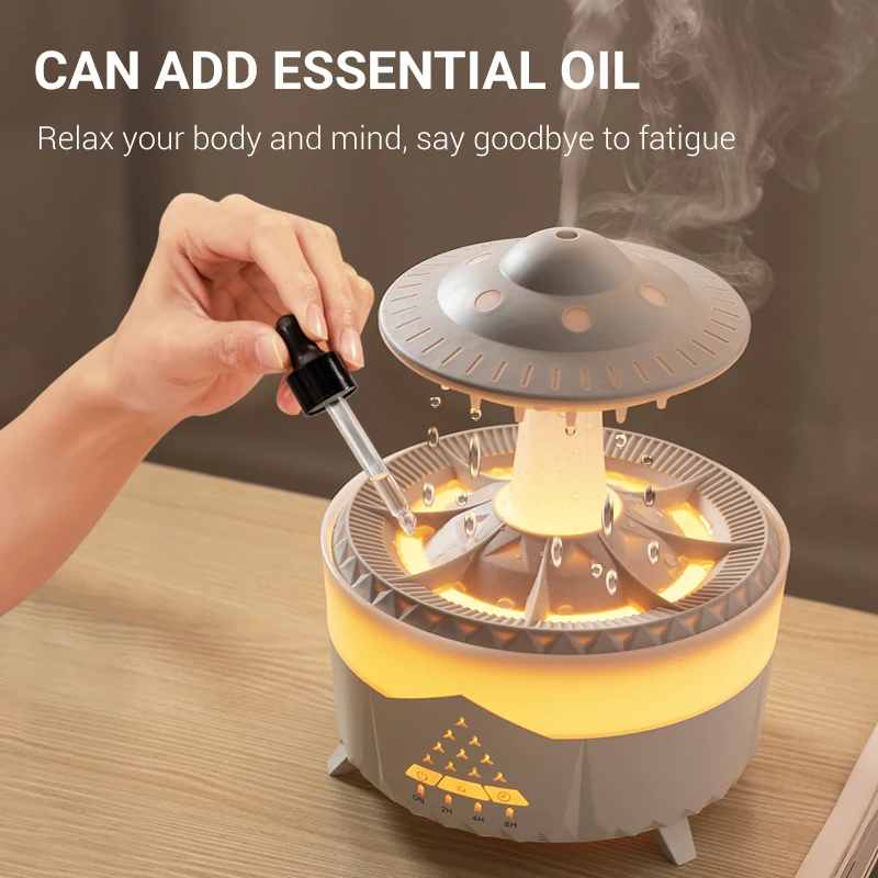 Humidificateur d\'air ultrasonique télécommandé, diffuseur de château essentiel, lumière colorée, nuage de pluie, eau goutte à goutte, pièce plus