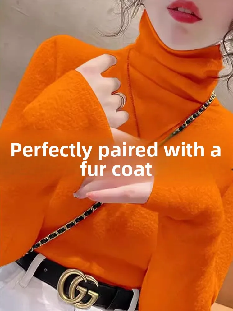 Orange High Collar Knitted Fleece Lined Thick Long Sleeve Women's Base Shirt Autumn Winter Warm Sweater Inner Wear Top