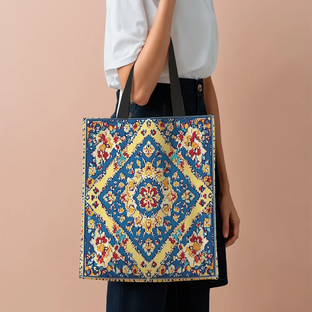 1Pc Bohemian Symmetrical Aesthetic Art Style Tote Bag Abstract Floral Multifunctional Vintage Medallion Shopping Bag