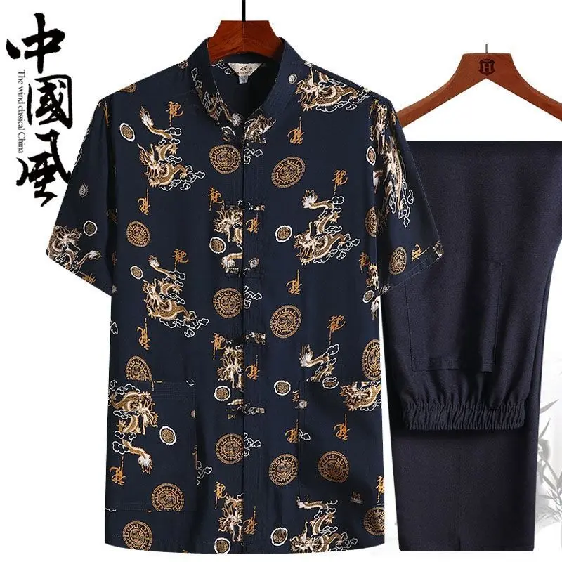 

Chinese Tang Suit Hanfu Men Retro Kung Fu Tai Chi Set Summer Short Sleeve Shirt Pants