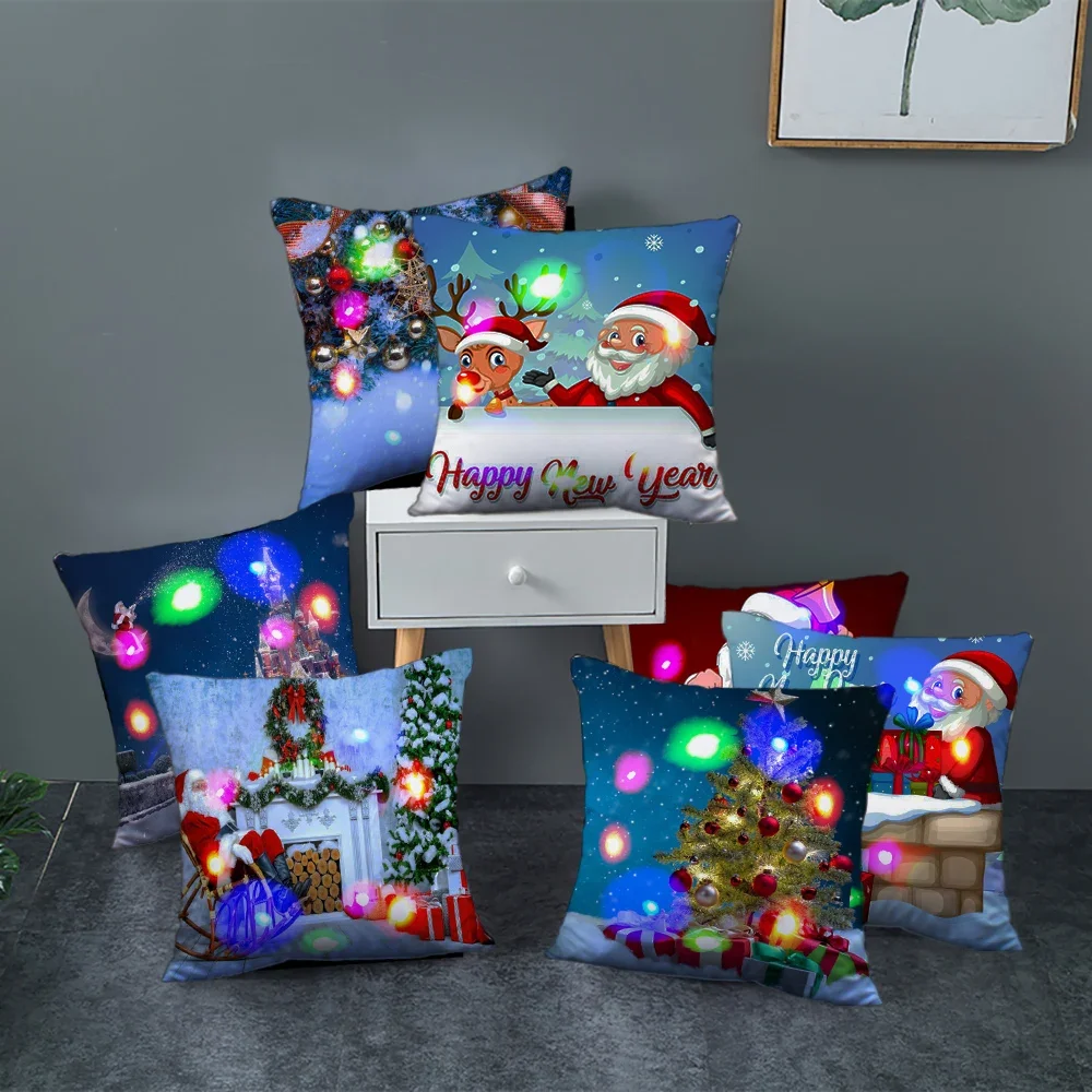 Santa Claus Pillow LED Light Christmas 2023 Novelties Ornaments Satin Pillowcase Home Decor Dropshipping Center Cushion Cover