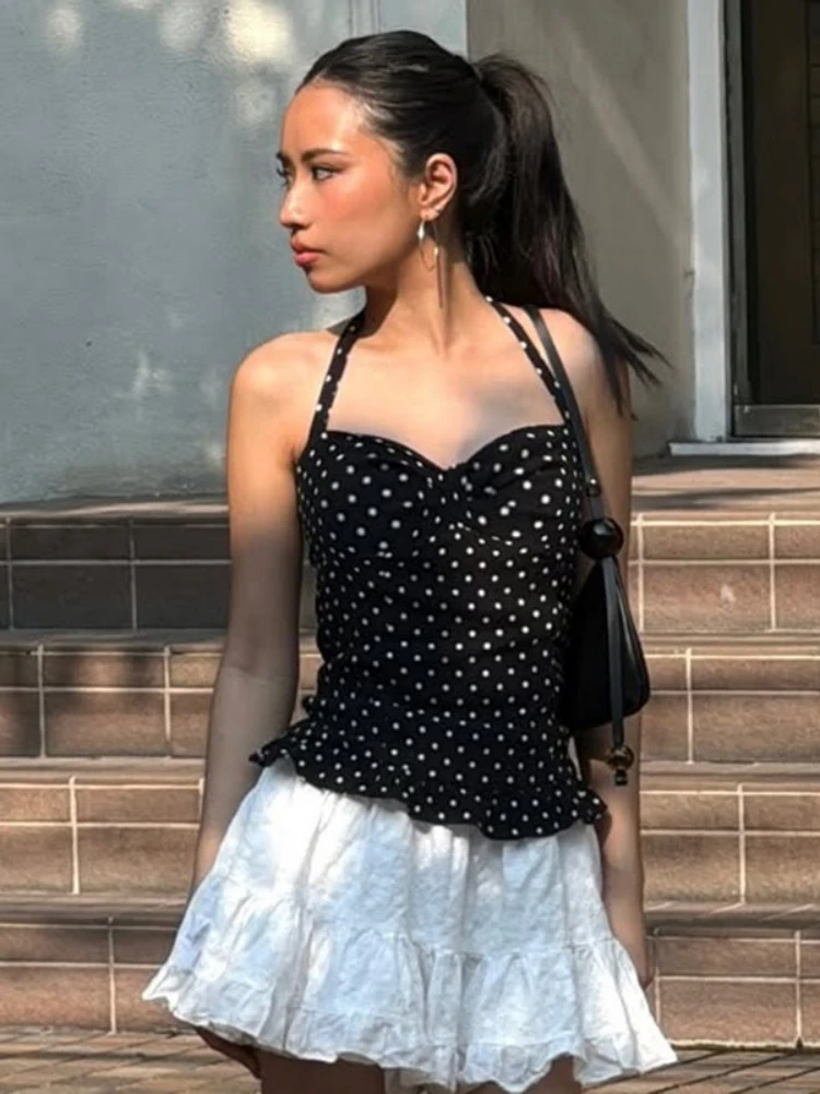 

Dot Printing Halter Top Folds Neck-mounted Crop Top Backless Hot Tops For Women Streetwear Sleeveless Y2k Clothes Camison Verano