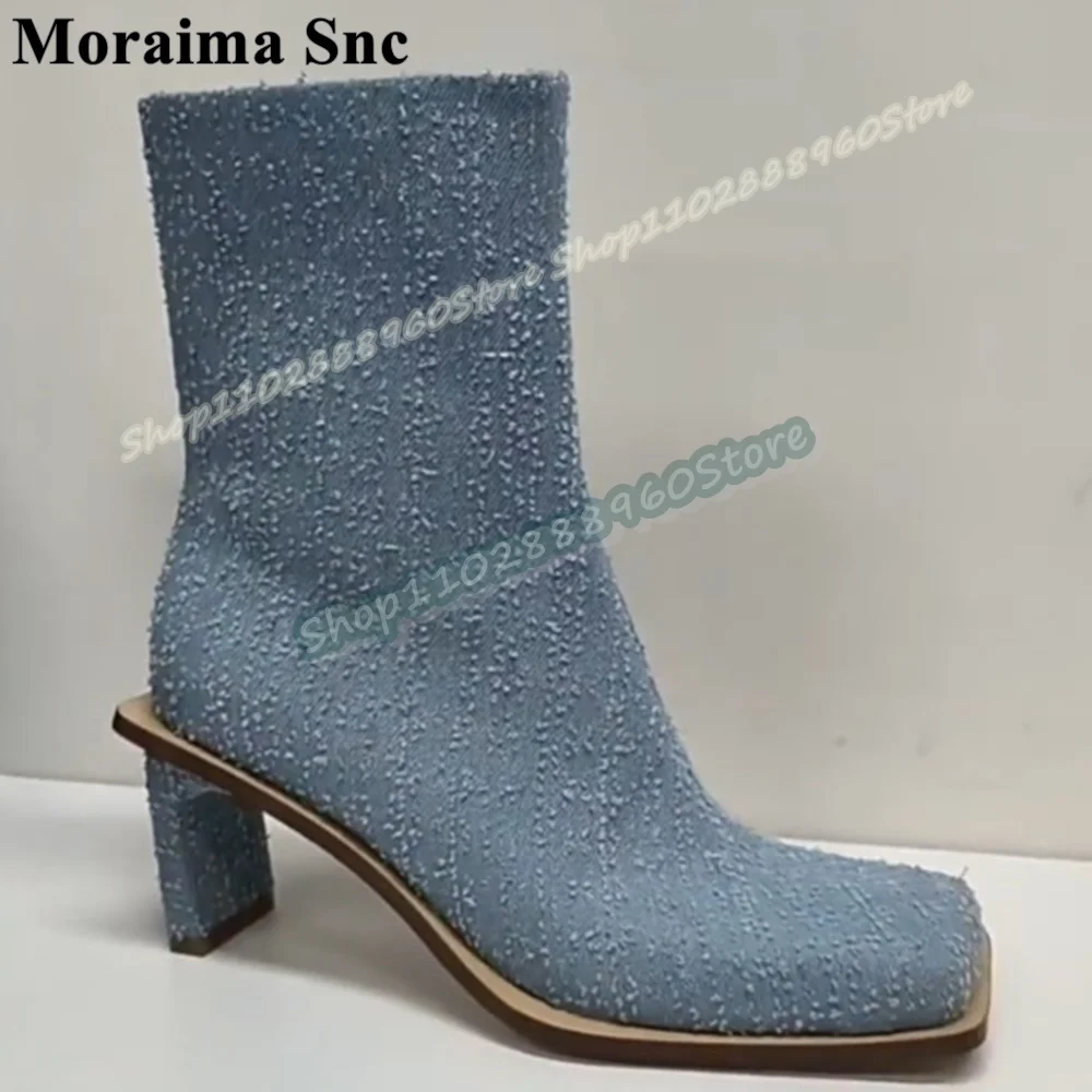 

Occidental Light Blue Denim Ankle Boots Strange Style Heel Shoes For Women Side Zipper Square Toe Fashionable Party Women Boots